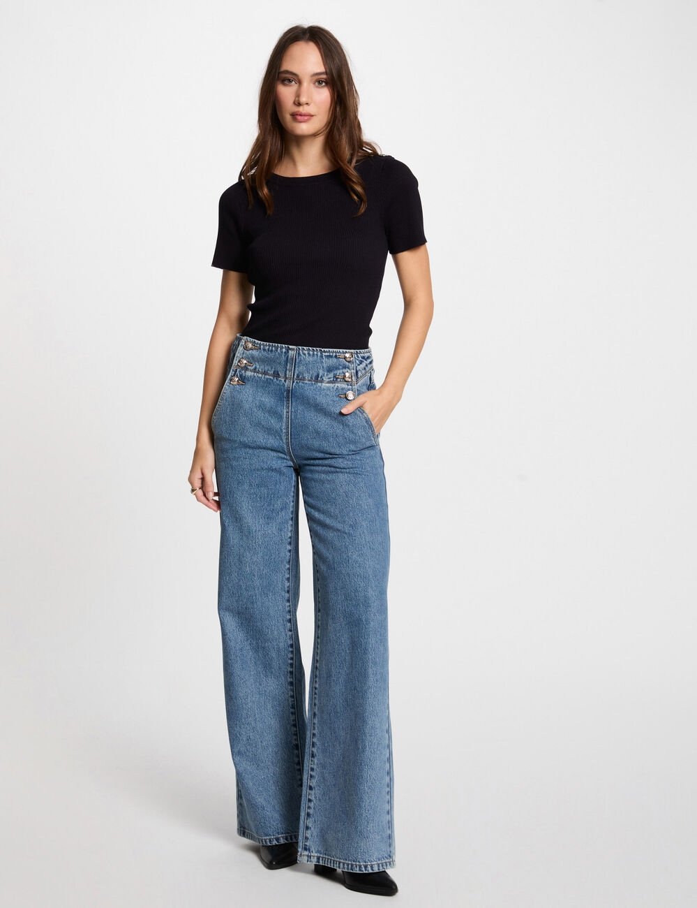 Hoge taille bootcut jeans dubbel stone washed denim vrouw