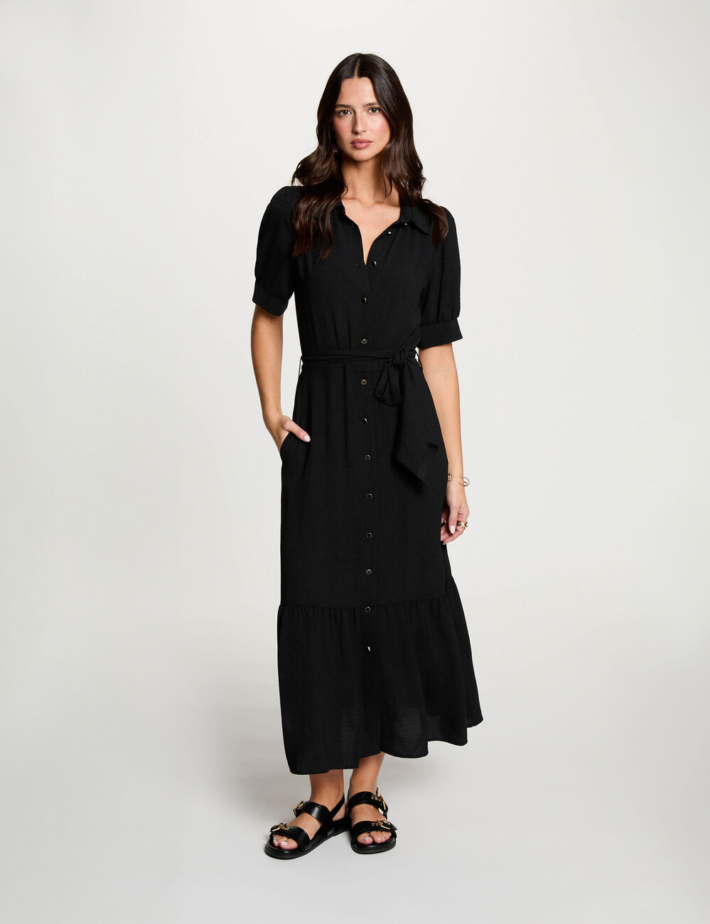 Jurk met pofmouwen in tricot zwart vrouw