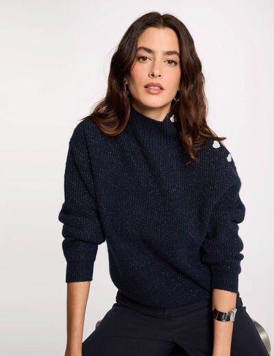 Pull manches longues avec boutons bleu marine femme