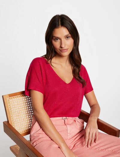 Pull col en V manches courtes rose moyen femme