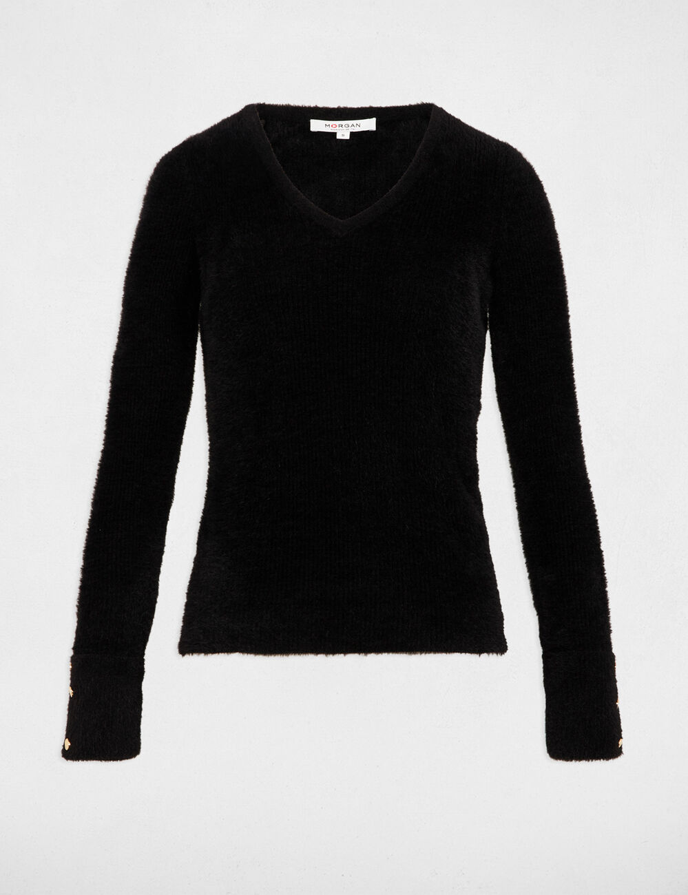 Pull manches longues maille duveteuse noir femme