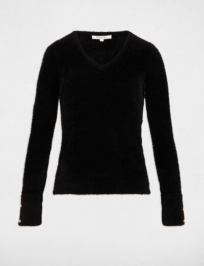 Pull manches longues maille duveteuse noir femme