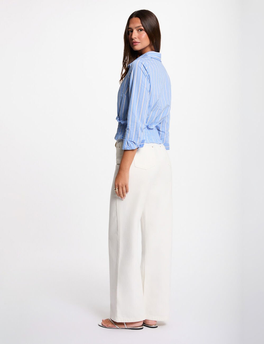 Chemise ray&eacute;e cropped bleu ciel femme