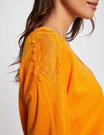 Pull col en V manches longues orange femme