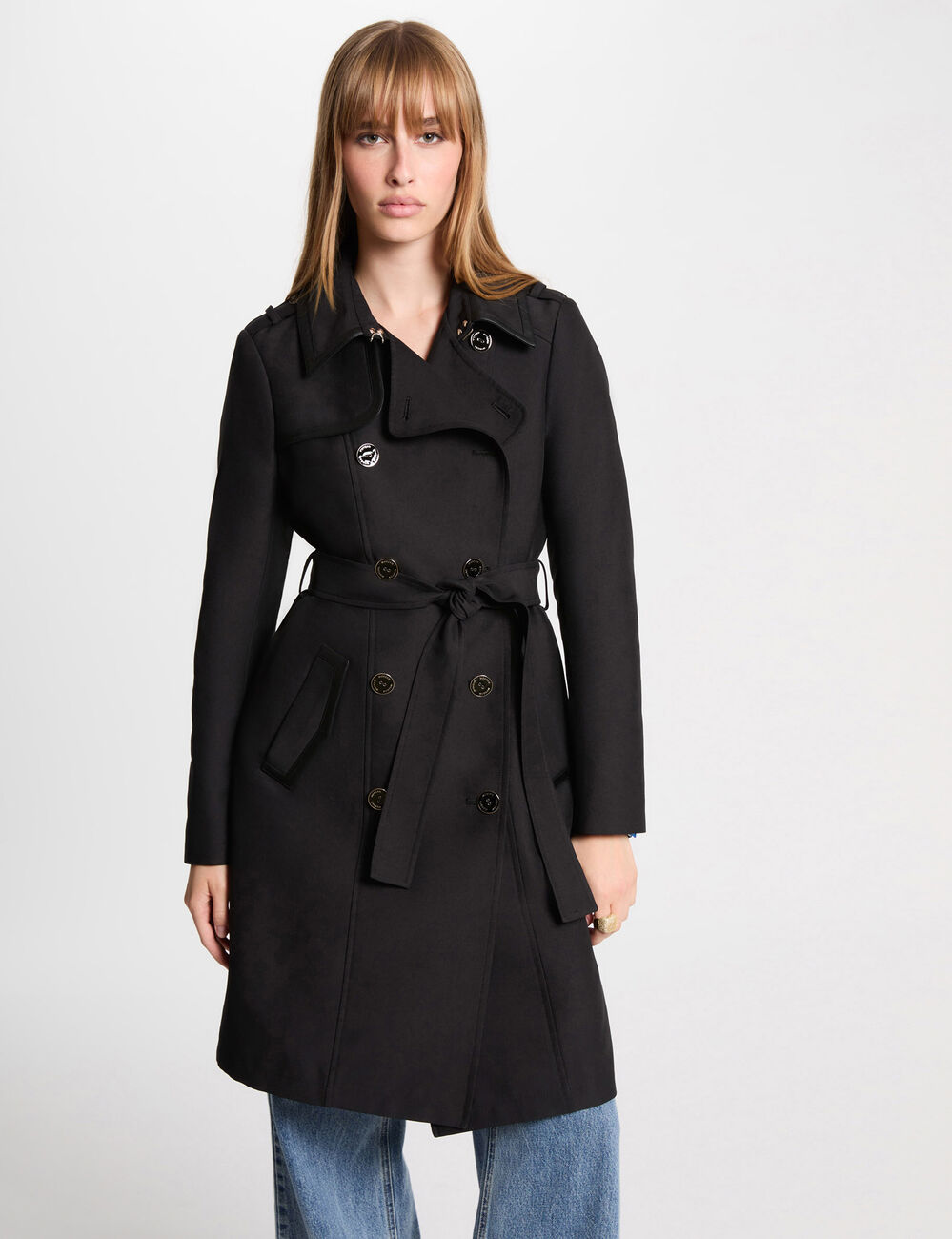 Lange trenchcoat met riem zwart vrouw