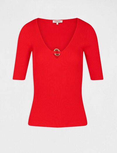 Pull manches 3/4 avec ornement rouge femme