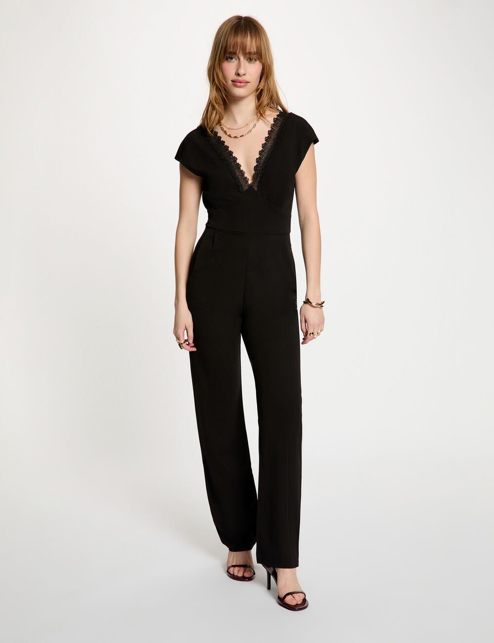 Kant jumpsuit met V-hals zwart vrouw