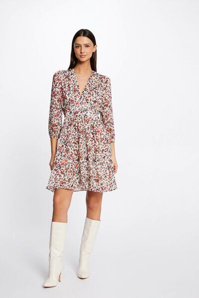 Robe trapèze fluide imprimé floral ecru femme