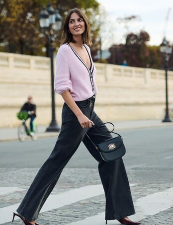 High-waist wijde broek denim zwart vrouw