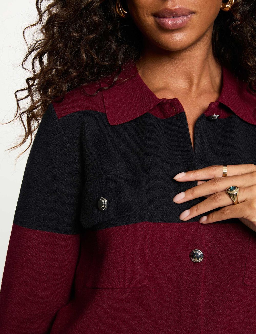 Pull col revers ray&eacute; bordeaux femme