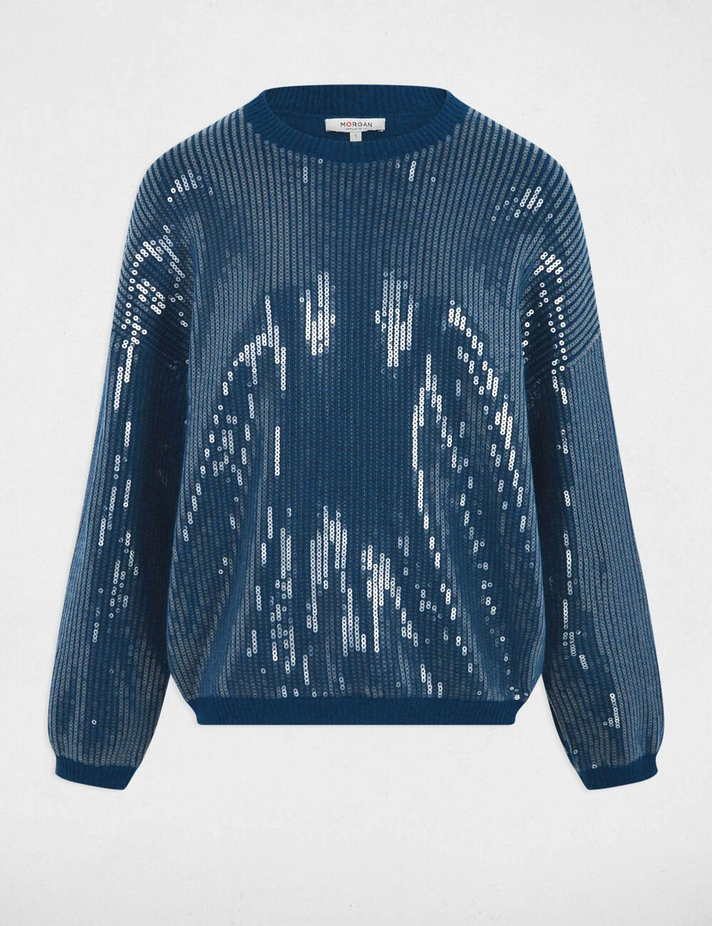 Pull sequins col rond bleu pétrole femme