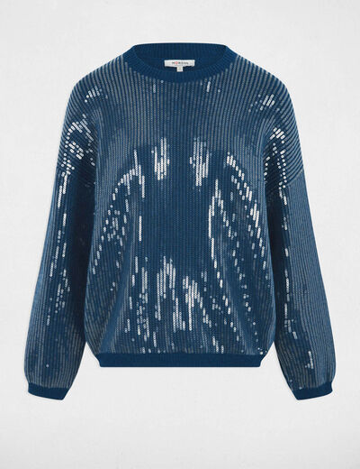 Pull sequins col rond bleu pétrole femme