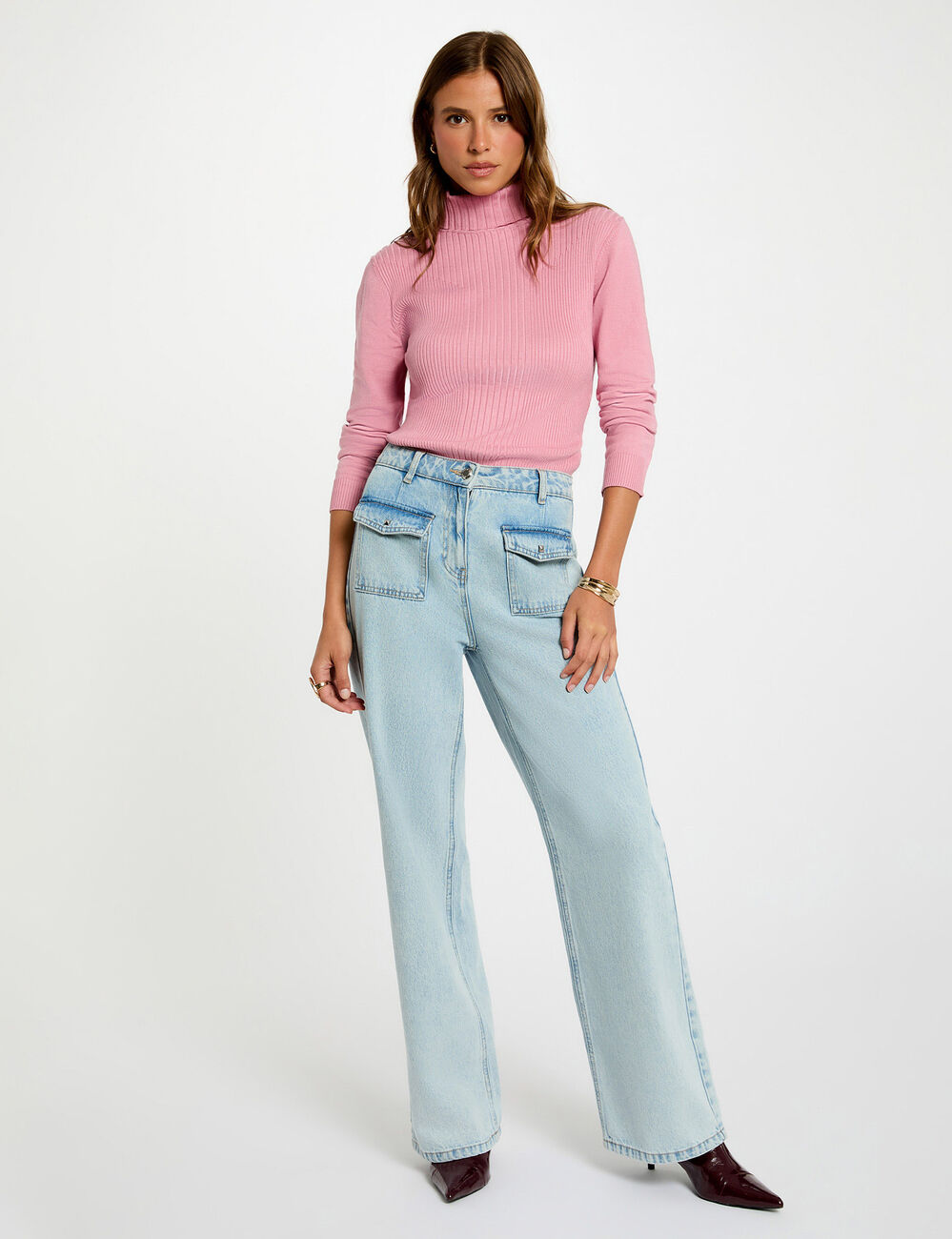 Pull ajusté col roulé vieux rose femme
