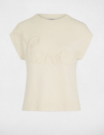 Pull col rond brod&eacute; creme femme