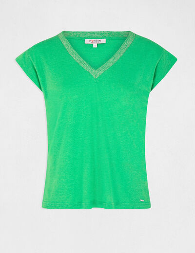 T-shirt manches courtes à col en V vert femme