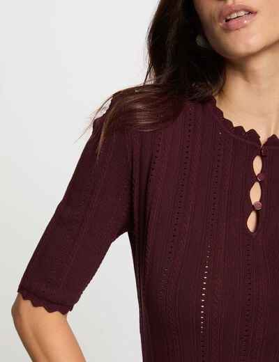 Pull ajouré manches 3/4 prune femme
