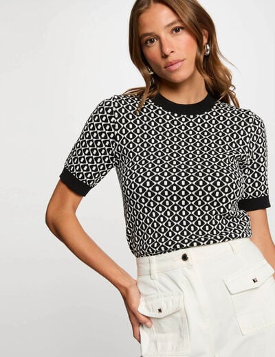 Pull col rond imprimé noir femme