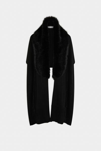 Poncho met details van imitatiebont zwart vrouw