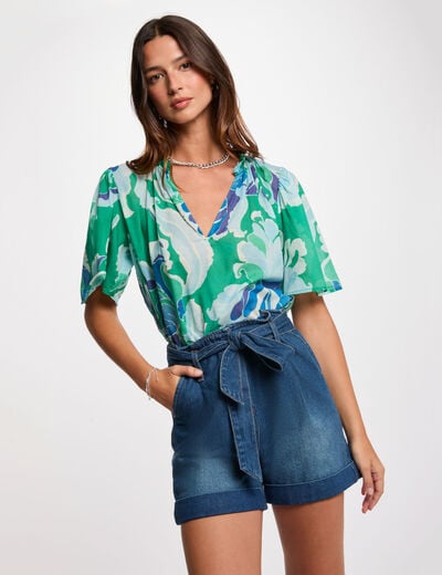 Korte broek van denim met riem stone washed denim vrouw
