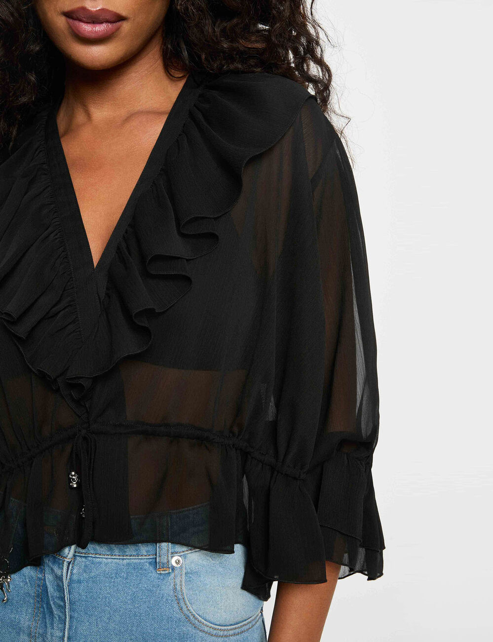 Blouse van voile met V-hals zwart vrouw