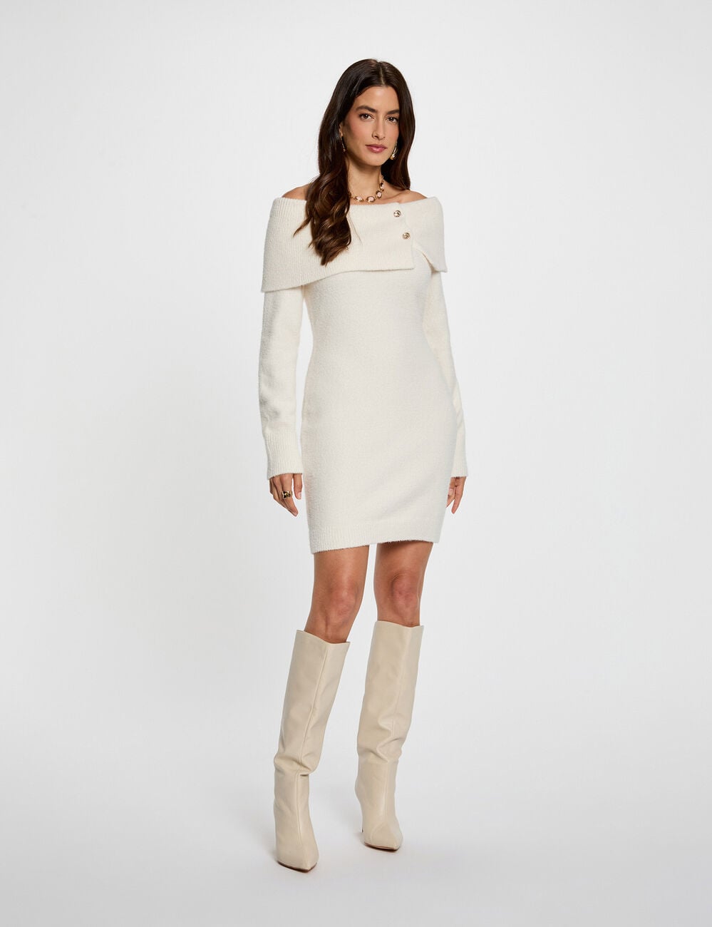 Robe tricot col bardot ivoire femme