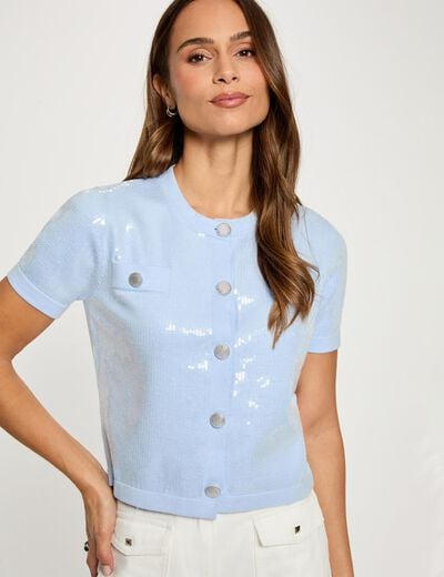 Gilet col rond sequins bleu ciel femme