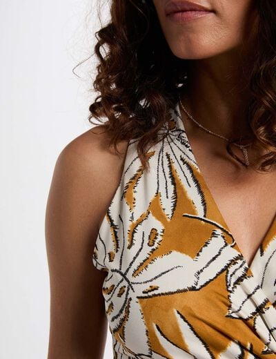 Top satiné col v jaune moutarde femme