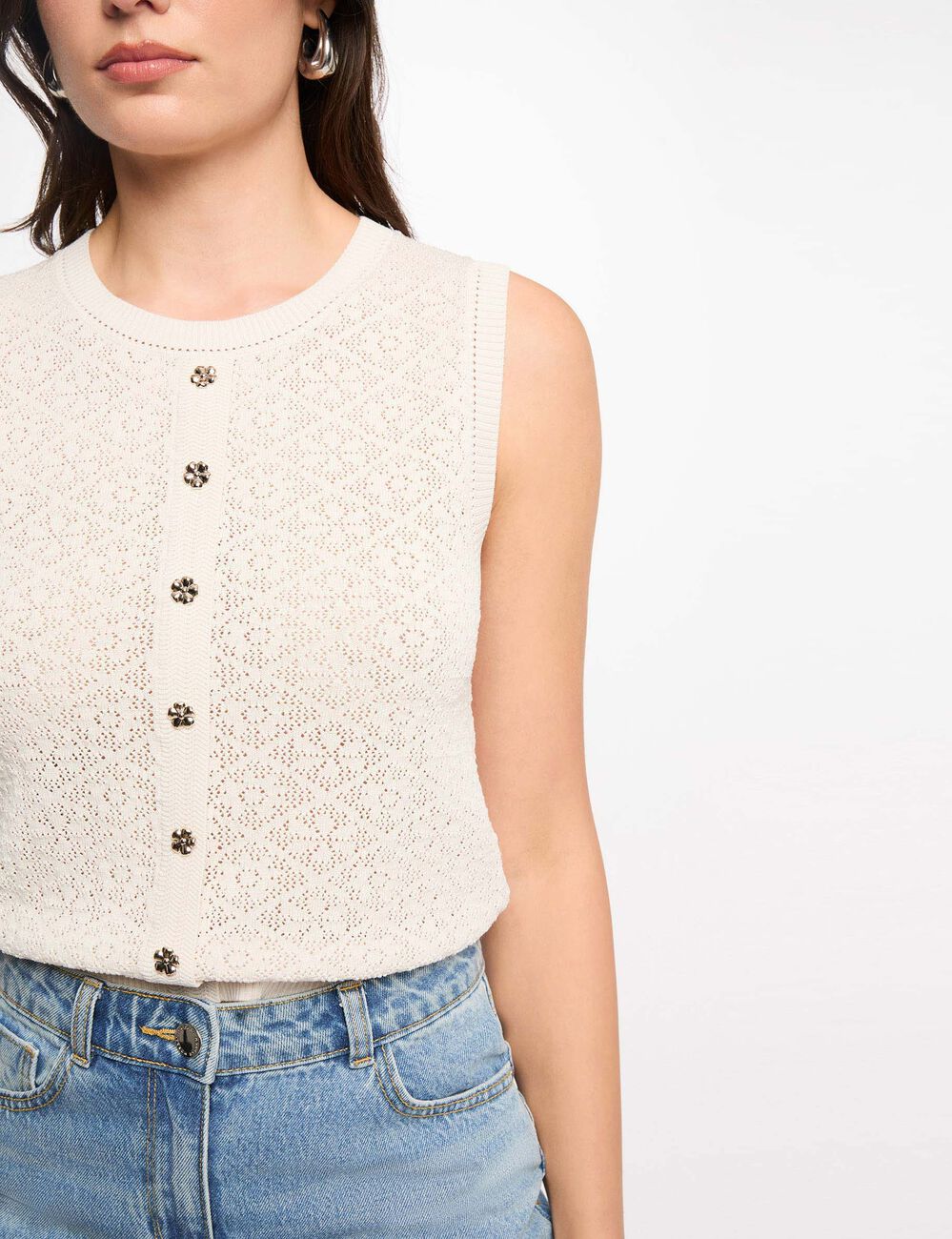 Mouwloos vest met ronde hals ivoor vrouw