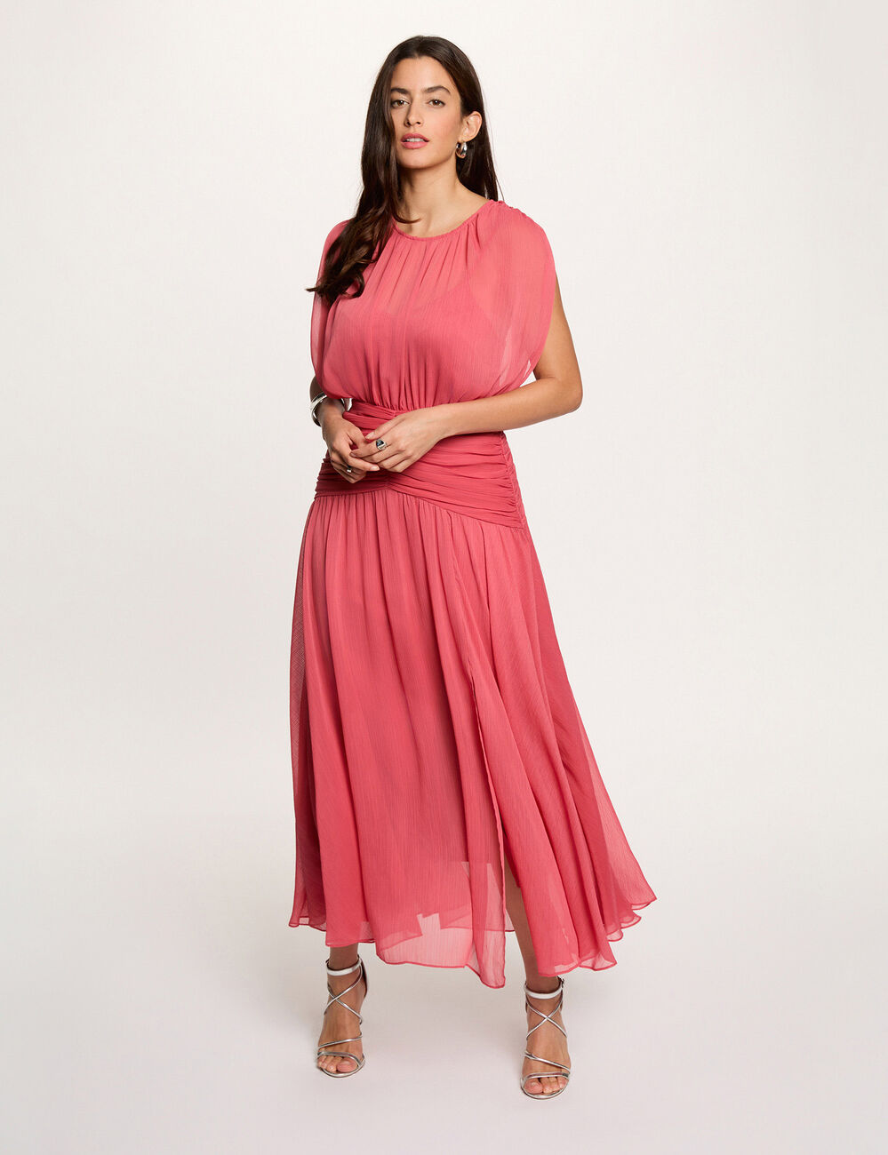 Robe longue drap&eacute;e vieux rose femme