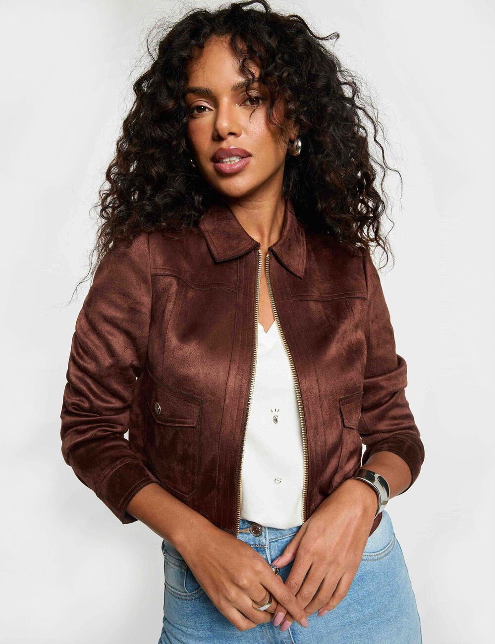 Blouson court su&eacute;dine marron fonc&eacute; femme