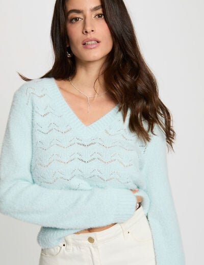 Pull col en V bleu ciel femme