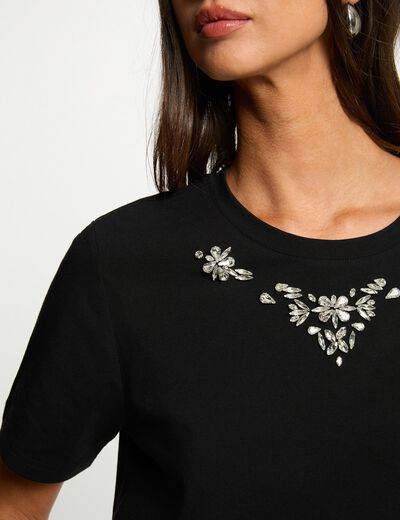 T-shirt met strass en korte mouwen zwart vrouw