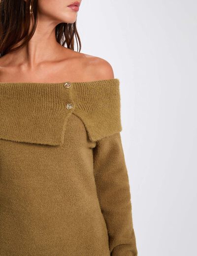 Korte jurk met bardothals camel vrouw