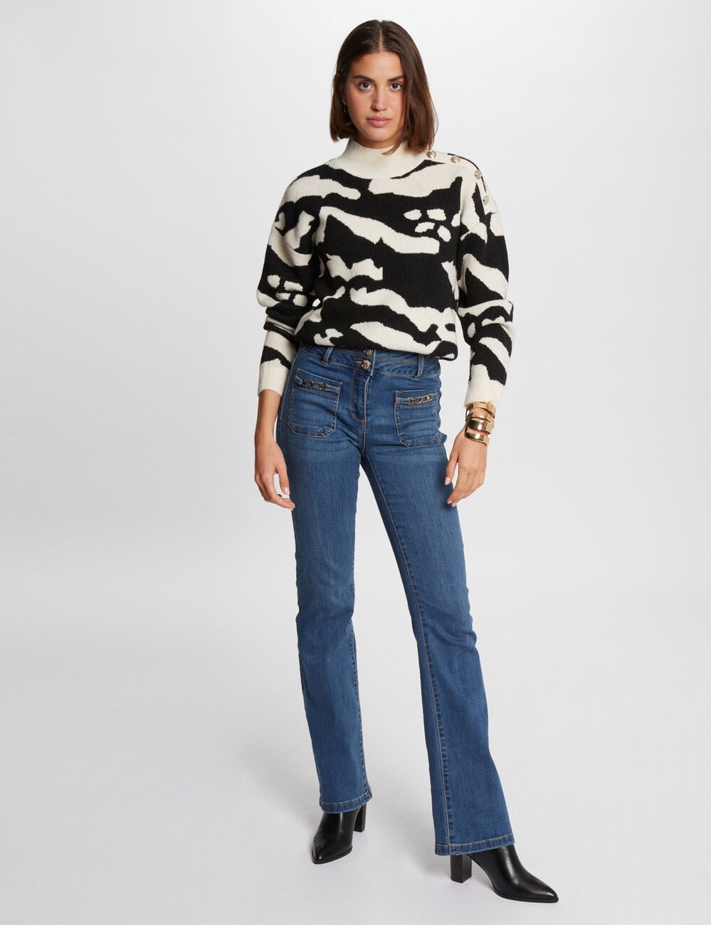 Pull col montant imprim&eacute; beige femme