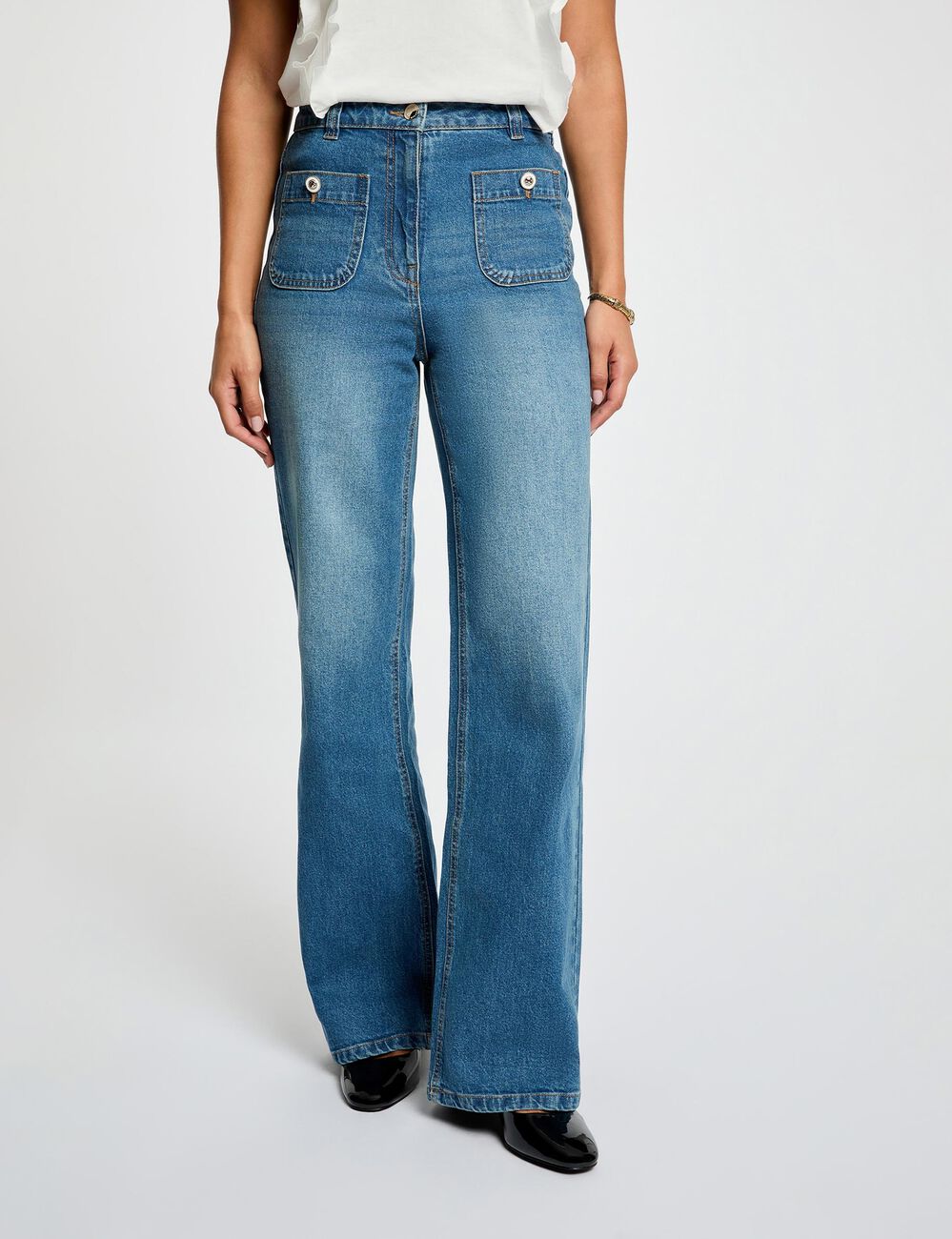 Hoge taille wijde jeans stone washed denim vrouw