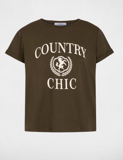 T-shirt col rond manches courtes vert kaki femme