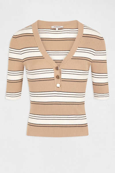 Pull manches courtes à rayures ivoire femme