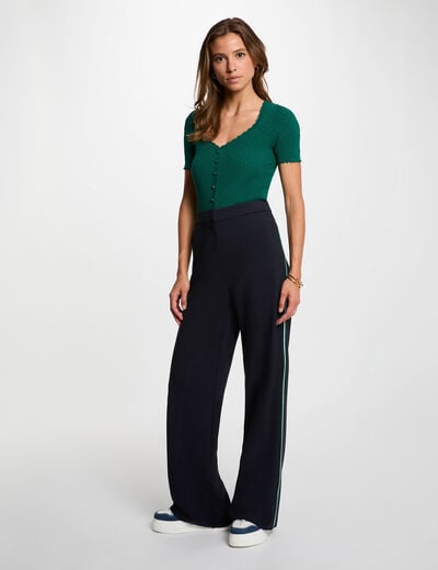 Pantalon large bandes c&ocirc;t&eacute;s bleu marine femme