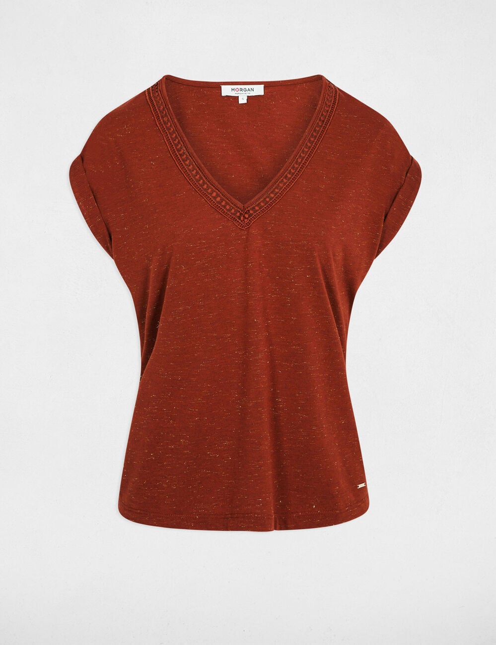Glanzend V-hals T-shirt cognacbruin vrouw