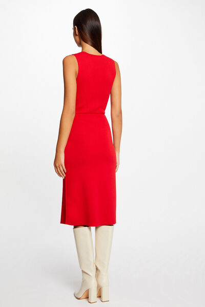 Getailleerde midi-sweaterjurk met V-hals rood vrouw