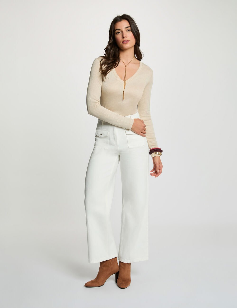 Getailleerd V-hals T-shirt ivoor vrouw