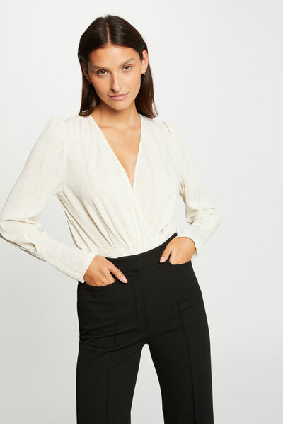Blouse manches longues col cache-coeur ecru femme