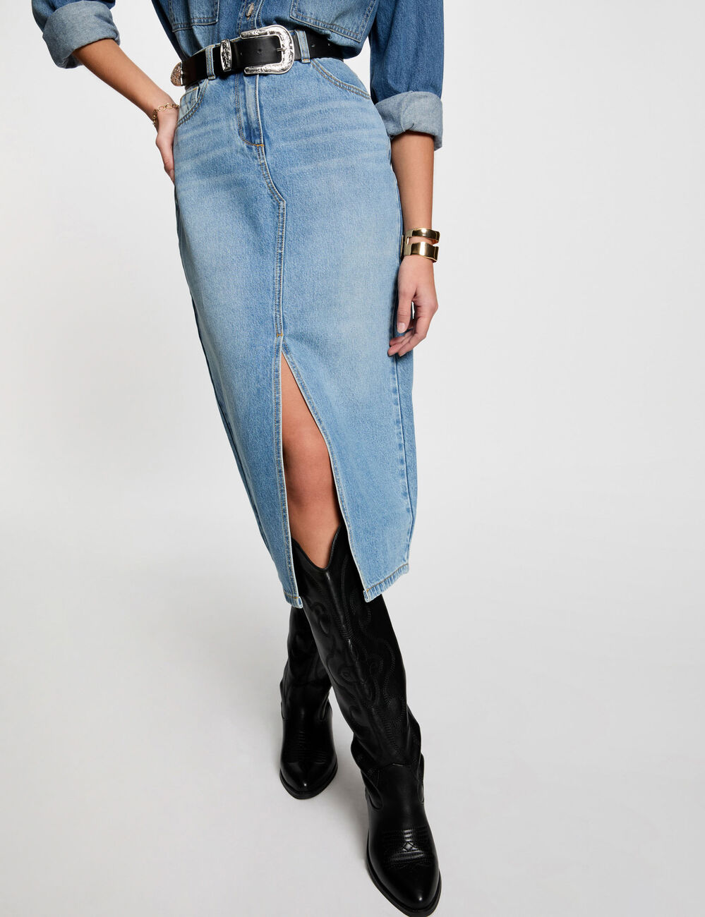Rechte midi-jeansrok stone washed denim vrouw