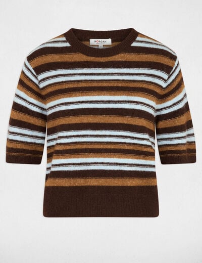 Pull manches courtes ray&eacute; marron femme