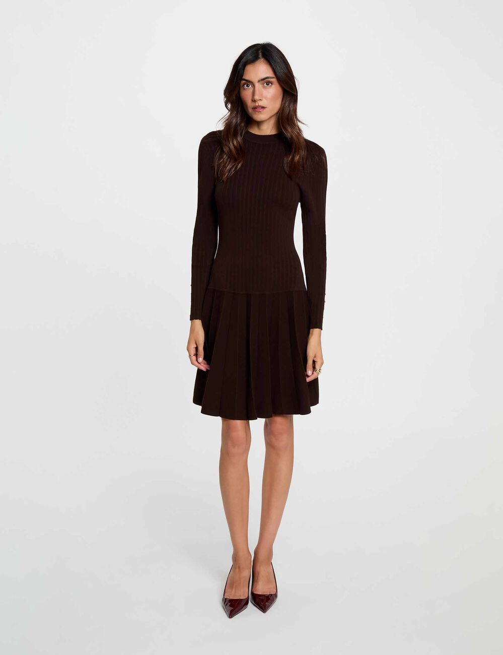 Robe tricot manches longues marron fonc&eacute; femme