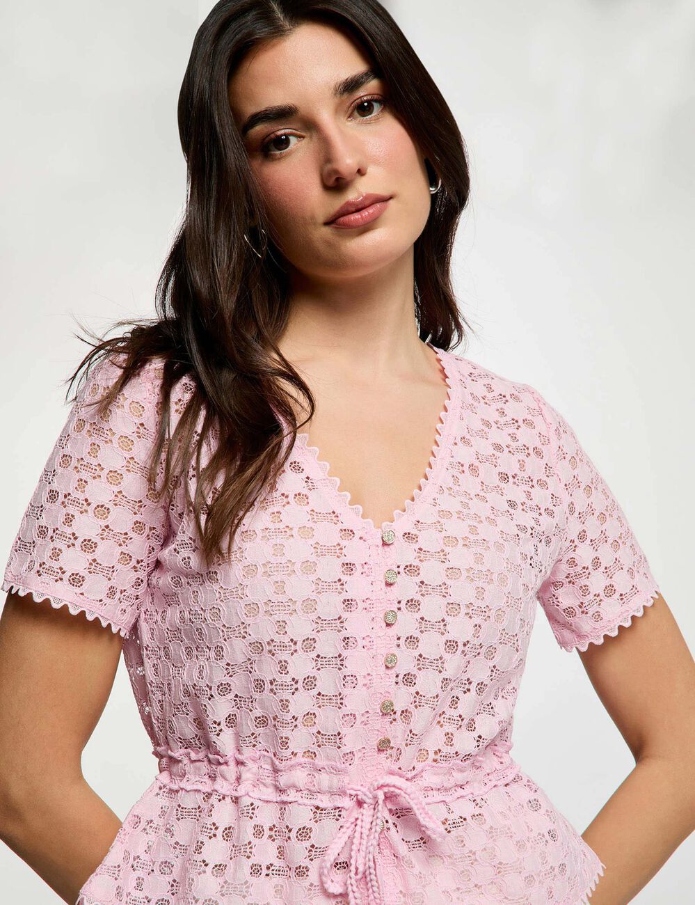 T-shirt korte mouwen van kant roze vrouw