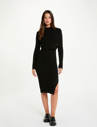 Robe tricot cintr&eacute;e manches longues noir femme