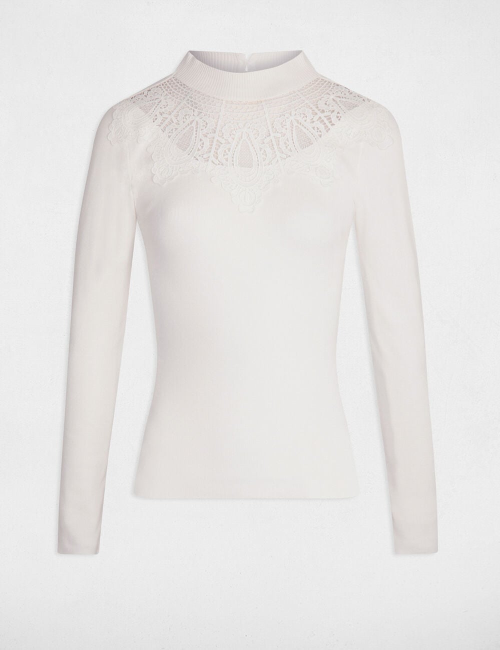 Pull col montant &agrave; dentelle ecru femme