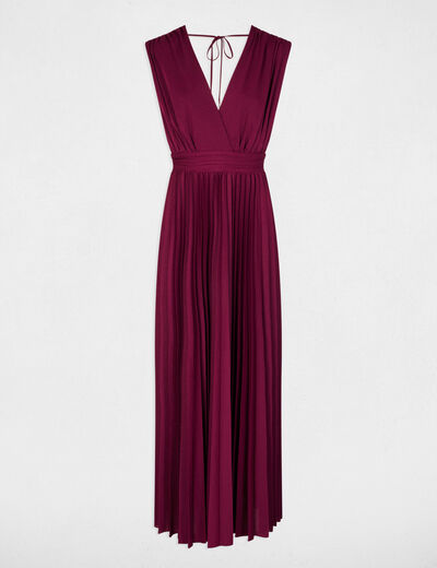 Robe longue droite pliss&eacute;e prune femme