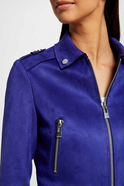 Suede-achtige rechte jas blauw medium vrouw